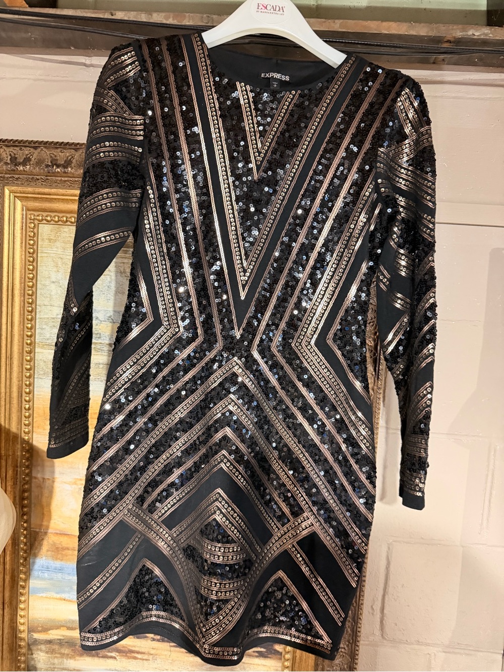 Express Art Deco Black Dress with Rose Gold Sequin Geometric Detail